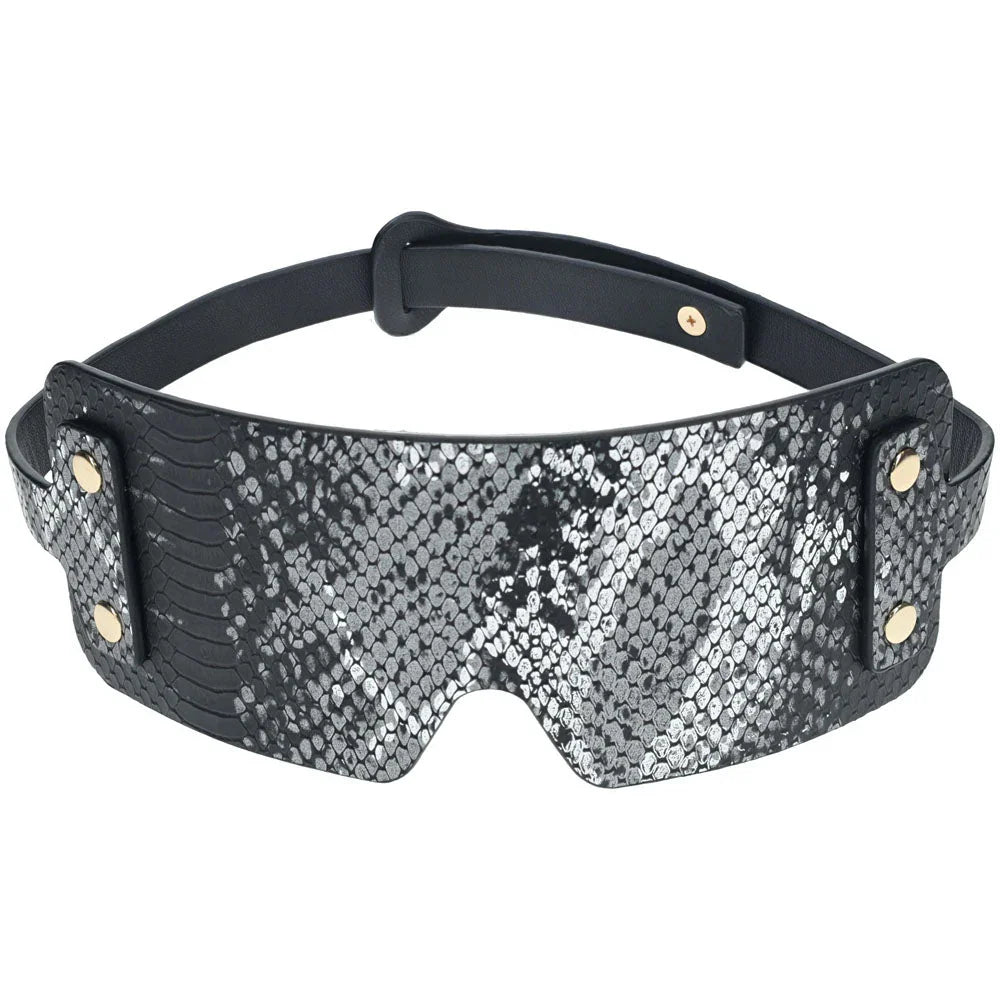 OUCH! Florence Blindfold Eye Mask in Black, snake-print mask with gold studs and adjustable strap