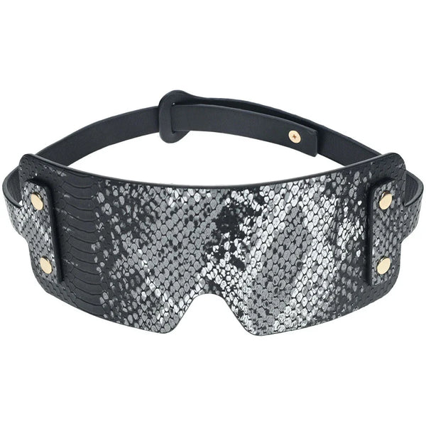 OUCH! Florence Blindfold Eye Mask in Black, snake-print mask with gold studs and adjustable strap