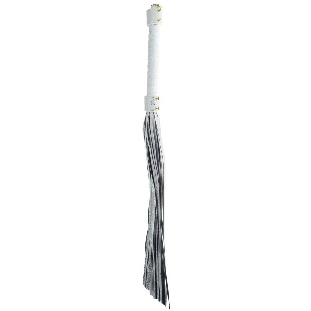 OUCH! Florence Flogger Whip in White, white-handled flogger hanging to show its falls