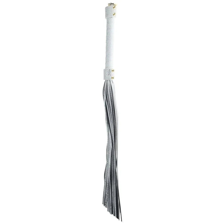 OUCH! Florence Flogger Whip in White, white-handled flogger hanging to show its falls