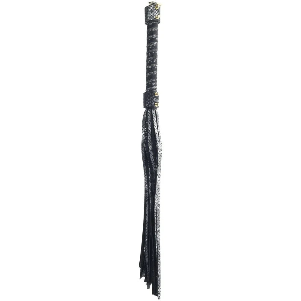 OUCH! Florence Flogger Whip in Black, dark snake-print flogger hanging to show its falls