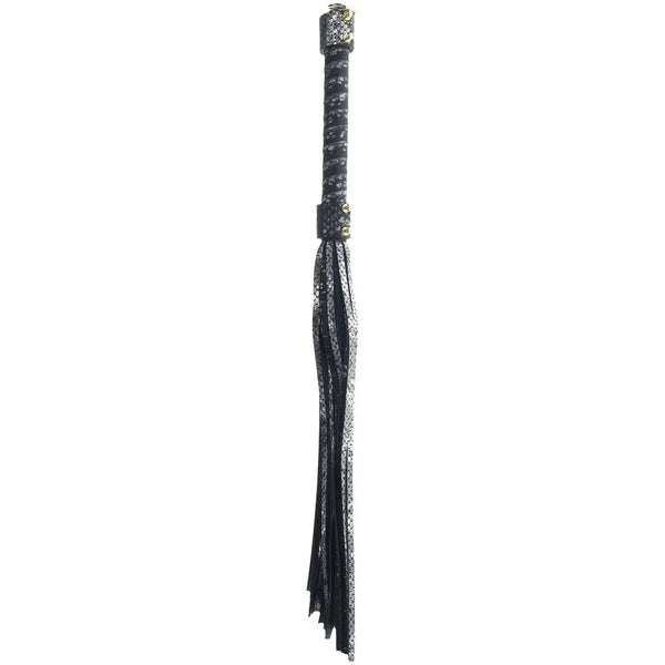 OUCH! Florence Flogger Whip in Black, dark snake-print flogger hanging to show its falls