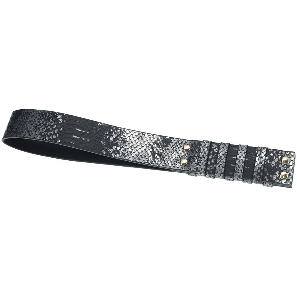 OUCH! Florence Spanking Paddle in Black, dark snake-print leather slapper laid flat with gold studs