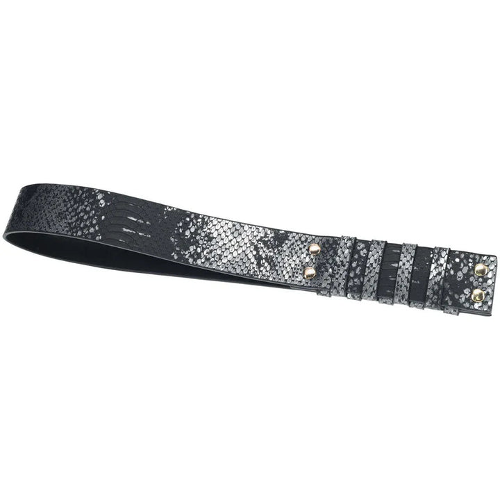 OUCH! Florence Spanking Paddle in Black, dark snake-print leather slapper laid flat with gold studs