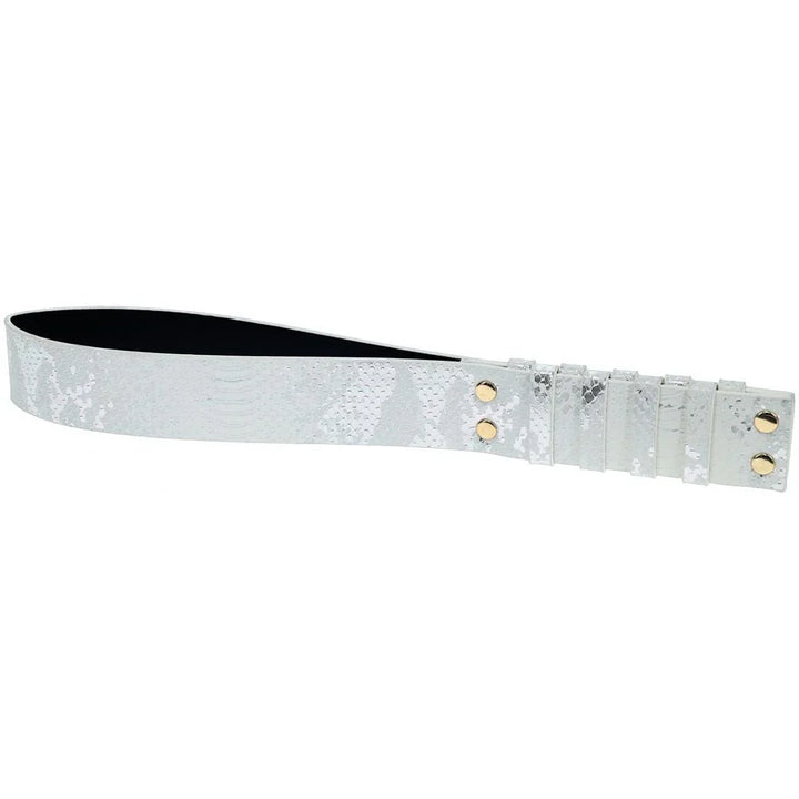 OUCH! Florence Spanking Paddle in White, white snake-print leather slapper laid flat with gold studs