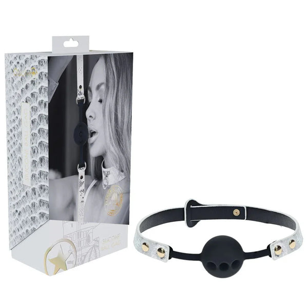 OUCH! Florence Breathable Ball Gag in White, retail box beside the vented ball and snake-print strap