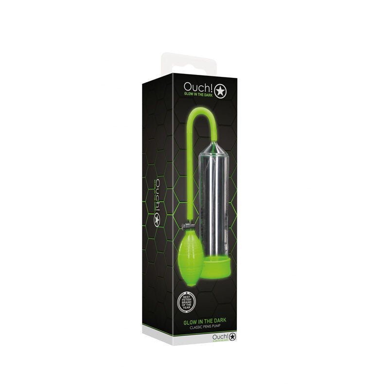 Buy OUCH! Glow In The Dark Classic Penis Pump - Clear/Green Penis Pump – Naughtyhut NZ sex toys online. Discreet delivery & top brands.