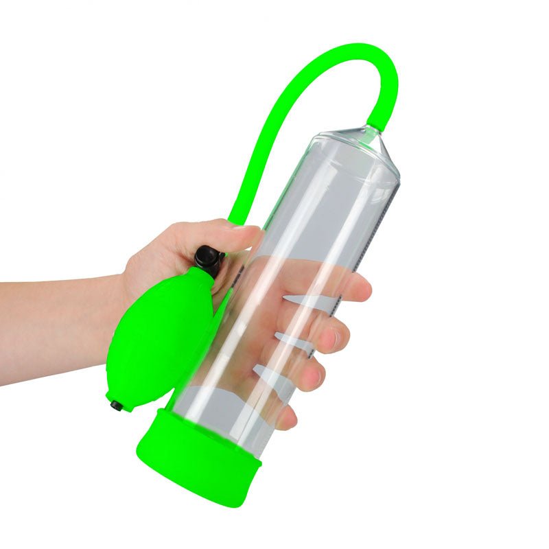 Buy OUCH! Glow In The Dark Classic Penis Pump - Clear/Green Penis Pump – Naughtyhut NZ sex toys online. Discreet delivery & top brands.