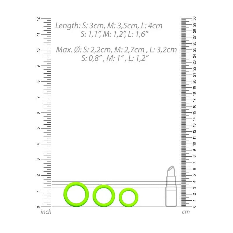 OUCH! Glow in the Dark Cock Ring Set of 3 in Green, scale diagram with rulers and the three ring sizes