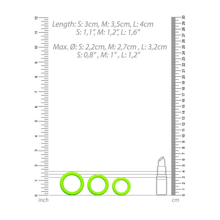 OUCH! Glow in the Dark Cock Ring Set of 3 in Green, scale diagram with rulers and the three ring sizes