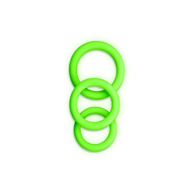 OUCH! Glow in the Dark Cock Ring Set of 3 in Green, the three graded rings overlapping on white