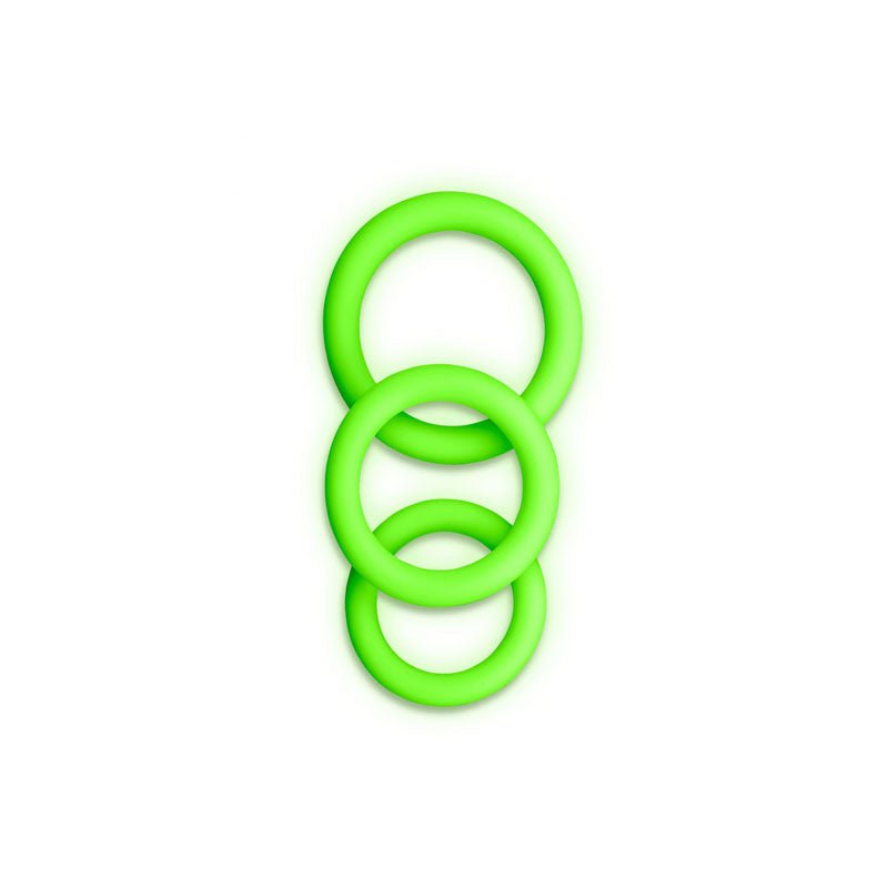 Buy OUCH! Glow In The Dark Cock Ring Set - Glow in Dark Cock Rings - Set of 3 Sizes – Naughtyhut NZ sex toys online. Discreet delivery & top brands.
