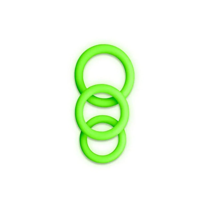 OUCH! Glow in the Dark Cock Ring Set of 3 in Green, the three graded rings overlapping on white
