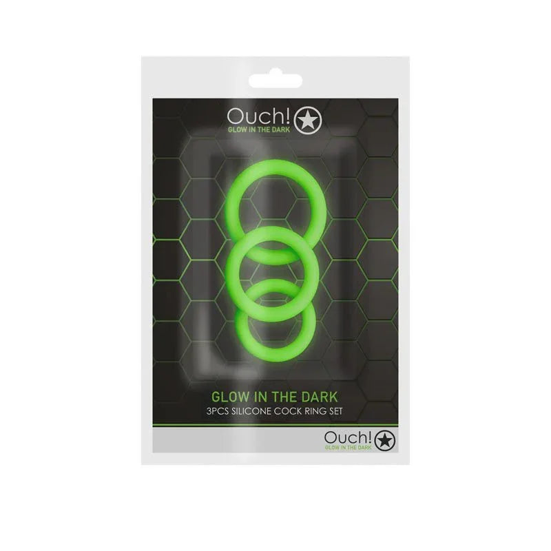 OUCH! Glow in the Dark Cock Ring Set of 3 in Green, rings sealed in the Ouch! Glow in the Dark pack