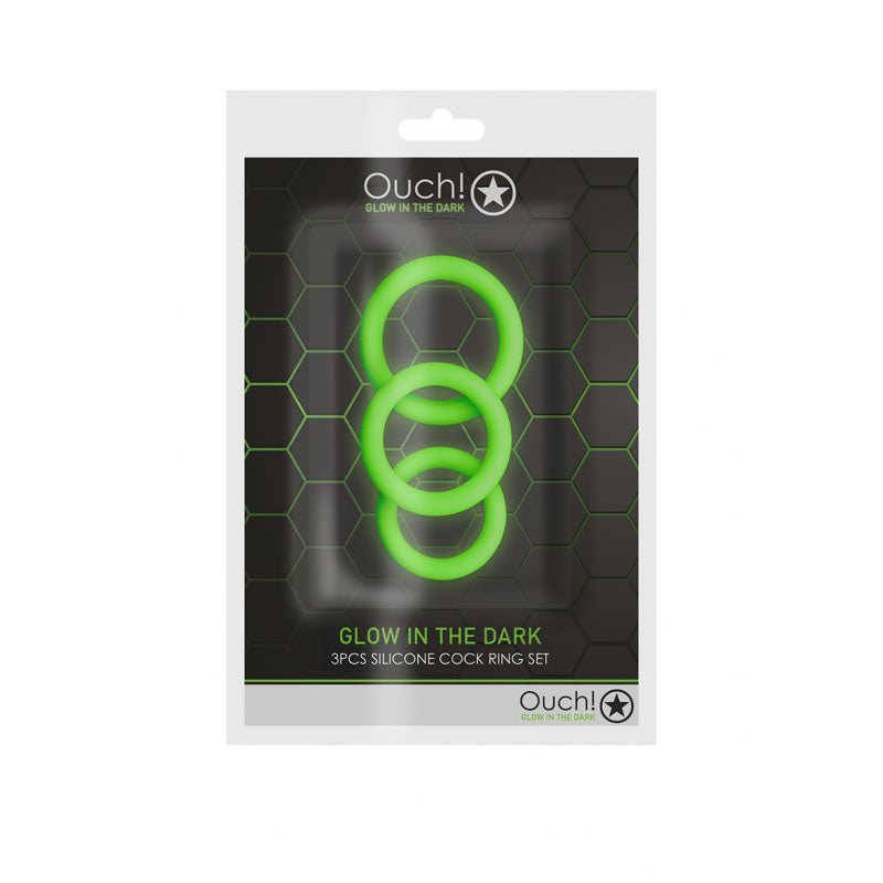 Buy OUCH! Glow In The Dark Cock Ring Set - Glow in Dark Cock Rings - Set of 3 Sizes – Naughtyhut NZ sex toys online. Discreet delivery & top brands.