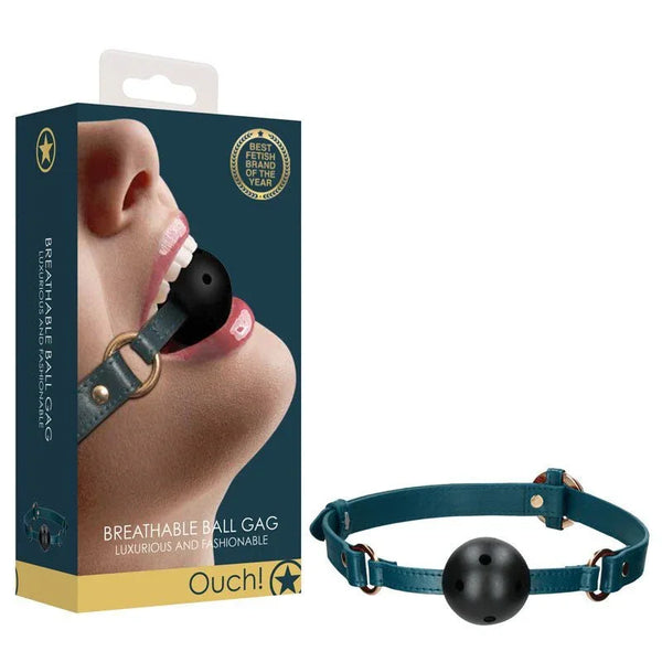 OUCH! Halo Breathable Ball Gag in Green, retail box beside the teal strap and vented black ball