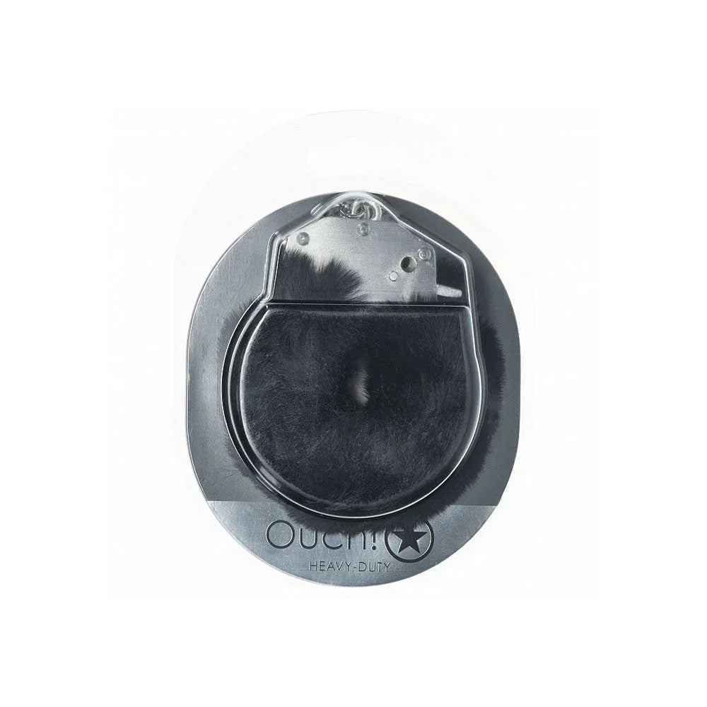 OUCH! Heavy-Duty Fluffy Handcuffs in Black, cuffs sealed on the black Heavy-Duty Ouch! card