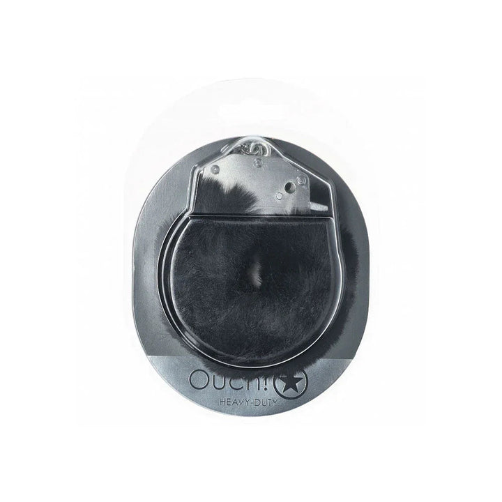 OUCH! Heavy-Duty Fluffy Handcuffs in Black, cuffs sealed on the black Heavy-Duty Ouch! card