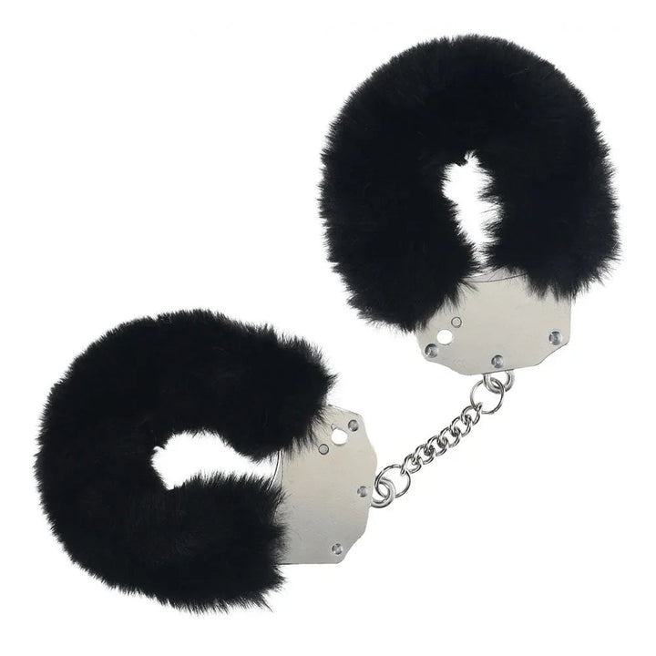 OUCH! Heavy-Duty Fluffy Handcuffs in Black, black fur cuffs with steel chain on white