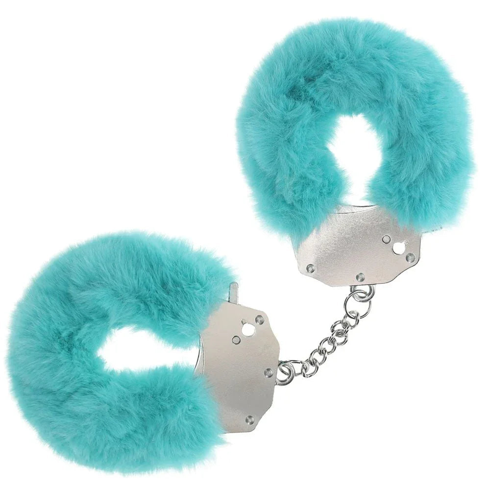 OUCH! Heavy-Duty Fluffy Handcuffs in Blue, turquoise fur cuffs with steel chain on white