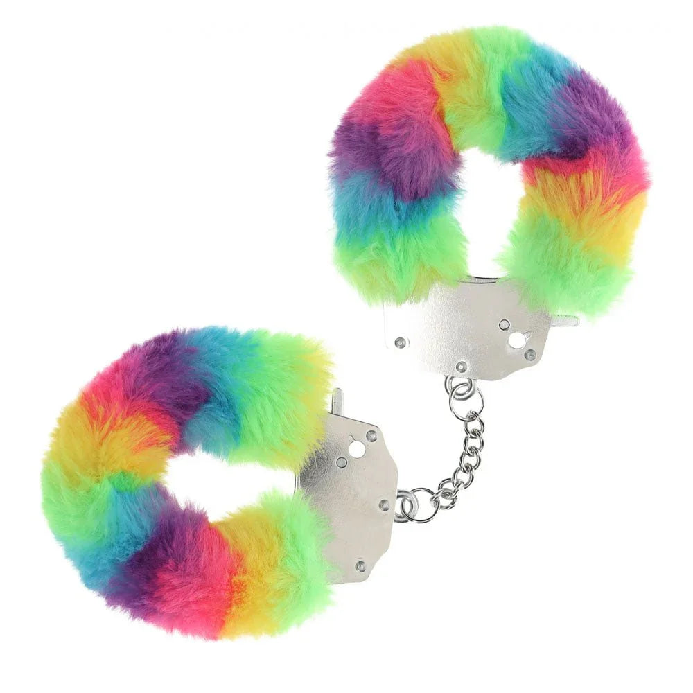OUCH! Heavy-Duty Fluffy Handcuffs in Multicolour 1, bright rainbow fur cuffs with steel chain