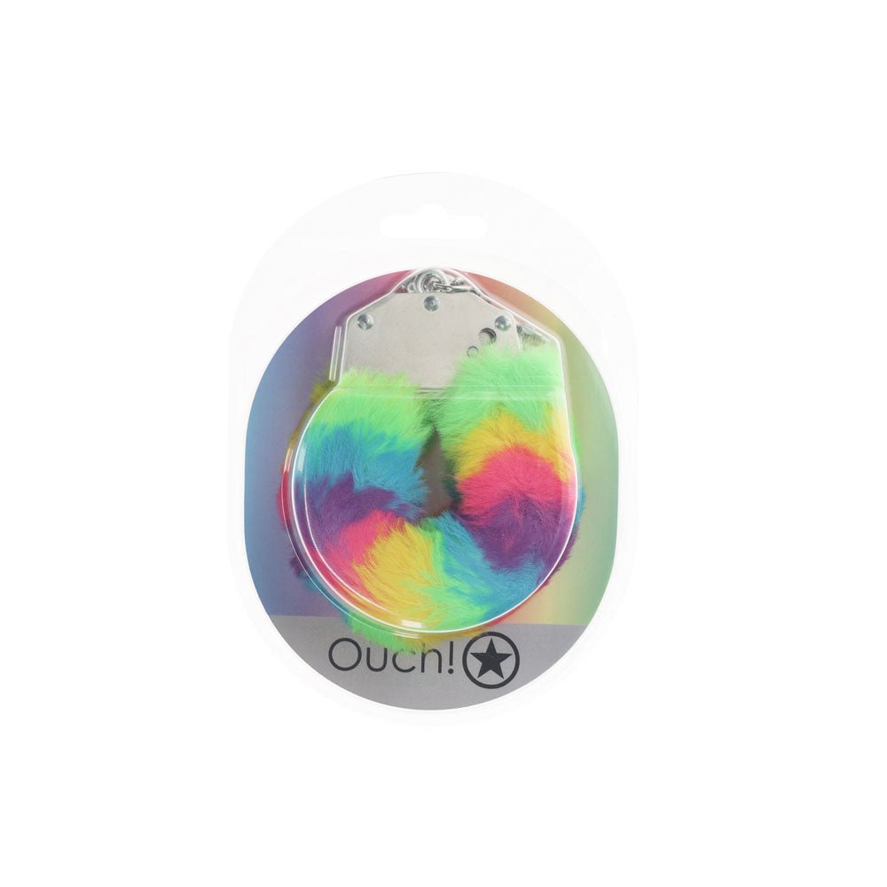 Buy OUCH! Heavy - Duty Fluffy Cuffs - Multicolour 1 - Multicoloured Fluffy Restraints – Naughtyhut NZ sex toys online. Discreet delivery & top brands.