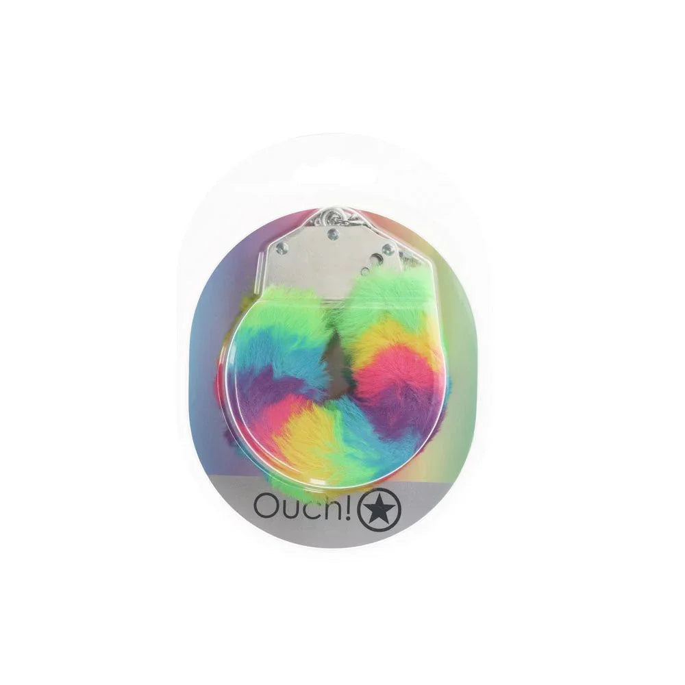 OUCH! Heavy-Duty Fluffy Handcuffs in Multicolour 1, rainbow cuffs sealed on an iridescent card