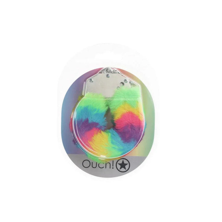 OUCH! Heavy-Duty Fluffy Handcuffs in Multicolour 1, rainbow cuffs sealed on an iridescent card