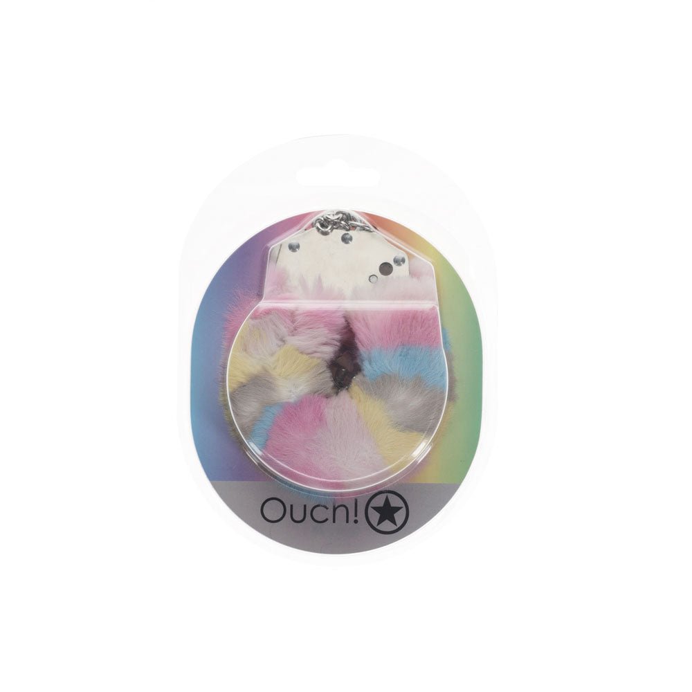 Buy OUCH! Heavy - Duty Fluffy Cuffs - Multicolour 2 - Multicoloured Fluffy Restraints – Naughtyhut NZ sex toys online. Discreet delivery & top brands.