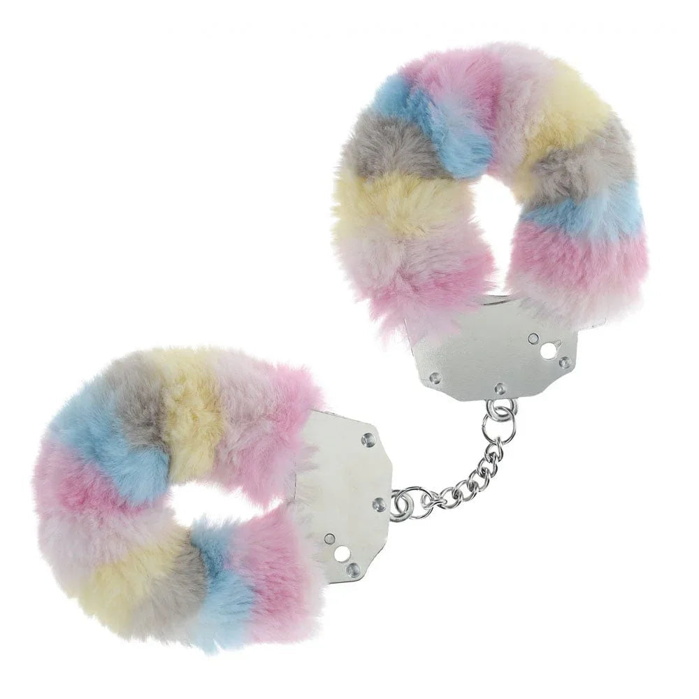 OUCH! Heavy-Duty Fluffy Handcuffs in Multicolour 2, pastel pink, blue and yellow fur cuffs on white
