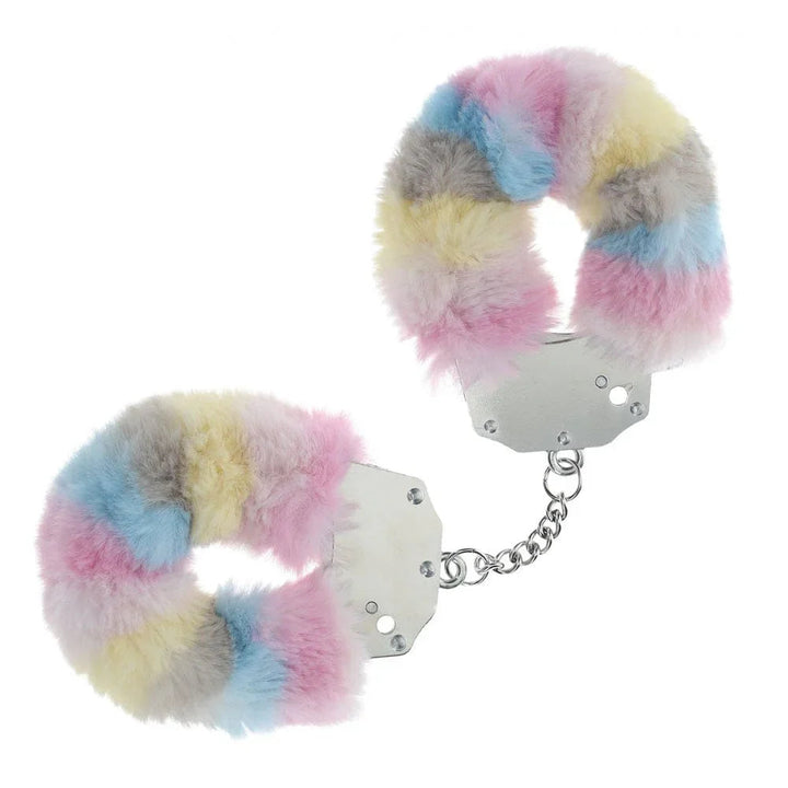 OUCH! Heavy-Duty Fluffy Handcuffs in Multicolour 2, pastel pink, blue and yellow fur cuffs on white