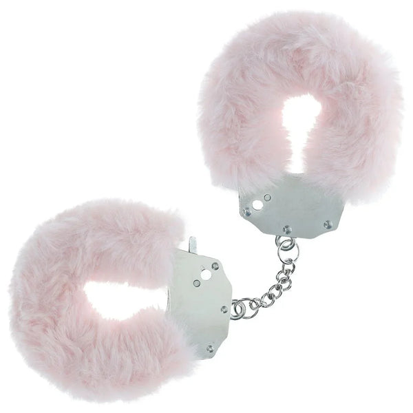 OUCH! Heavy-Duty Fluffy Handcuffs in Powder Pink, pale pink fur cuffs with steel chain on white