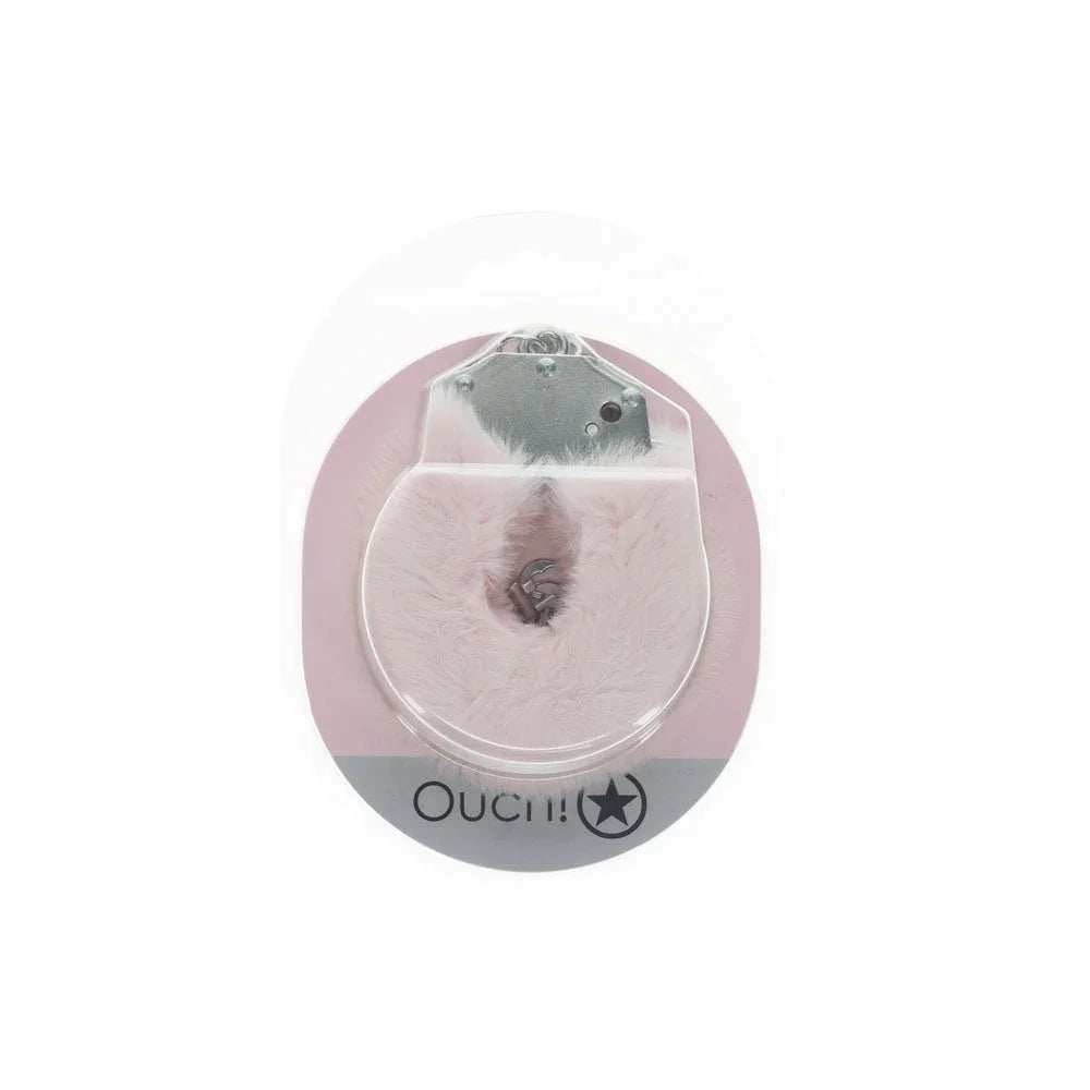 OUCH! Heavy-Duty Fluffy Handcuffs in Powder Pink, cuffs sealed on the pale pink Ouch! card