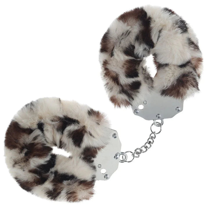 OUCH! Heavy-Duty Fluffy Handcuffs in Snow Leopard, spotted faux-fur cuffs with steel chain