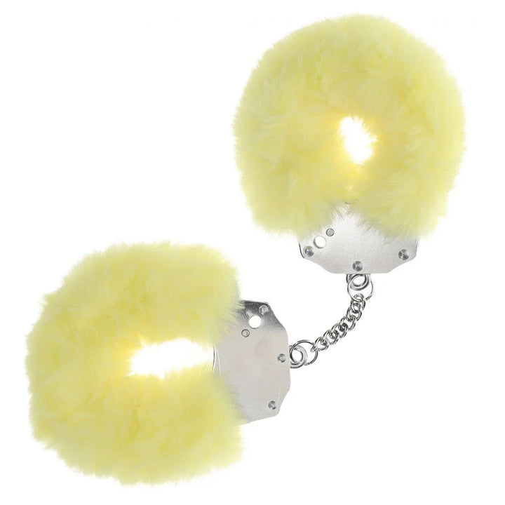 OUCH! Heavy-Duty Fluffy Handcuffs in Yellow, yellow fur cuffs with steel chain on white
