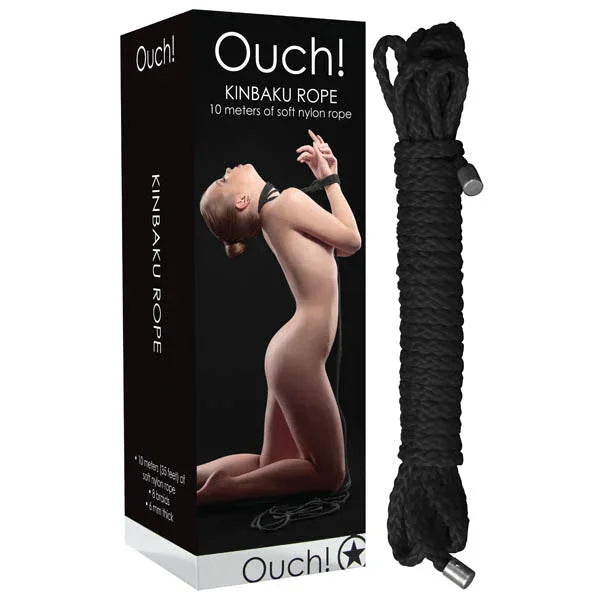 OUCH! Kinbaku Bondage Rope 10m in Black, retail box beside the coiled black nylon rope