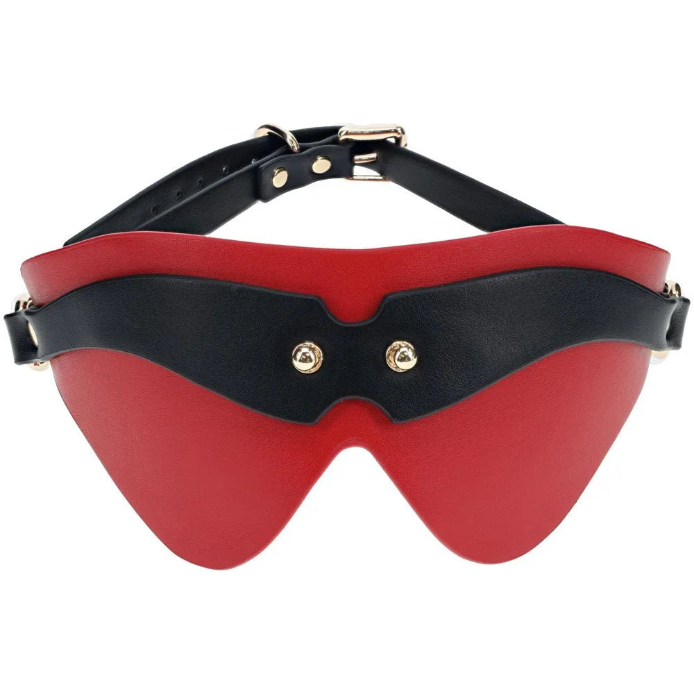 OUCH! Milan Blindfold Eye Mask in Black, red and black leather mask with gold studs and buckle strap