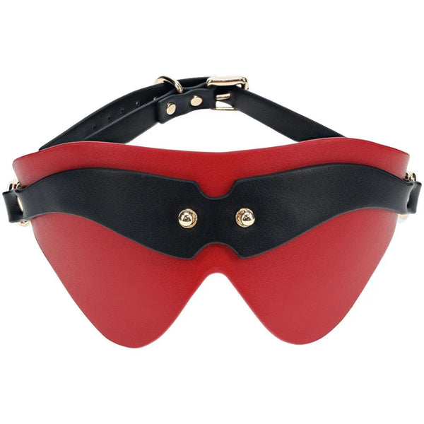 OUCH! Milan Blindfold Eye Mask in Black, red and black leather mask with gold studs and buckle strap