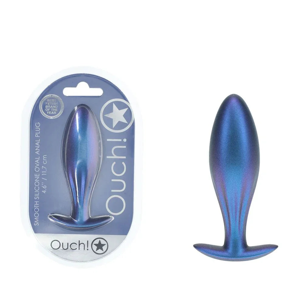 OUCH! Oval Metal Anal Plug in Metallic Blue, blister pack beside the teardrop plug with flared base