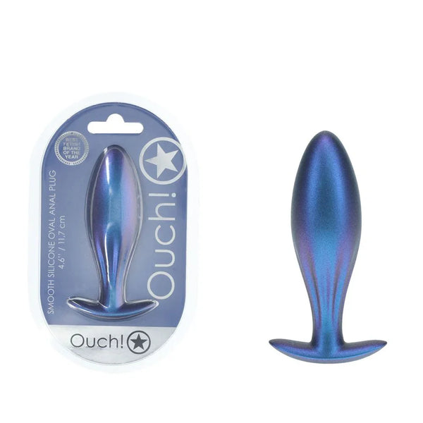 OUCH! Oval Metal Anal Plug in Metallic Blue, blister pack beside the teardrop plug with flared base
