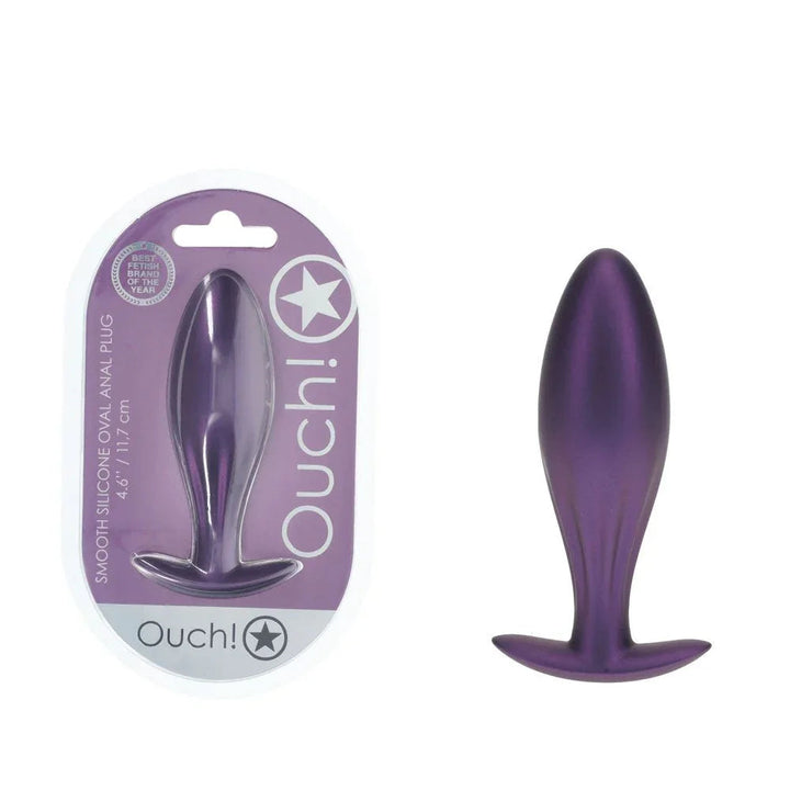 OUCH! Oval Metal Anal Plug in Metallic Purple, blister pack beside the teardrop plug with flared base