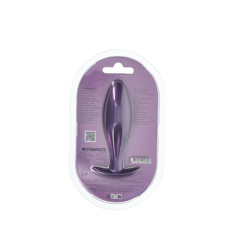 OUCH! Oval Metal Anal Plug in Metallic Purple, back of the pack showing the spec panel and barcode