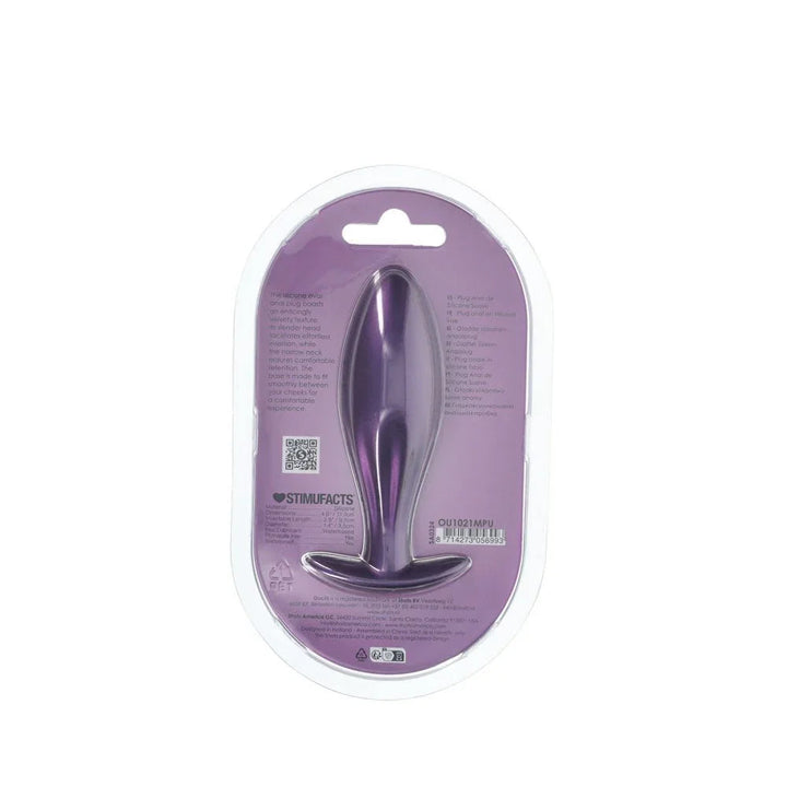 OUCH! Oval Metal Anal Plug in Metallic Purple, back of the pack showing the spec panel and barcode