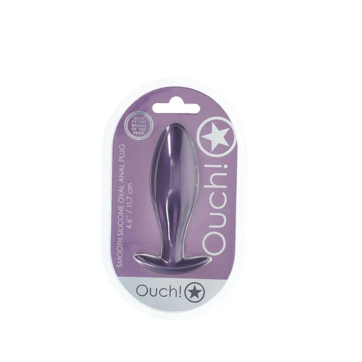 OUCH! Oval Metal Anal Plug in Metallic Purple, front of the sealed Ouch! blister pack