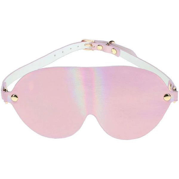 OUCH! Paris Blindfold Eye Mask in Pink, iridescent pink mask with gold studs and adjustable strap