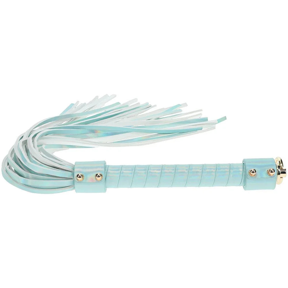OUCH! Paris Flogger Whip in Baby Blue, iridescent blue flogger laid flat with its falls fanned out