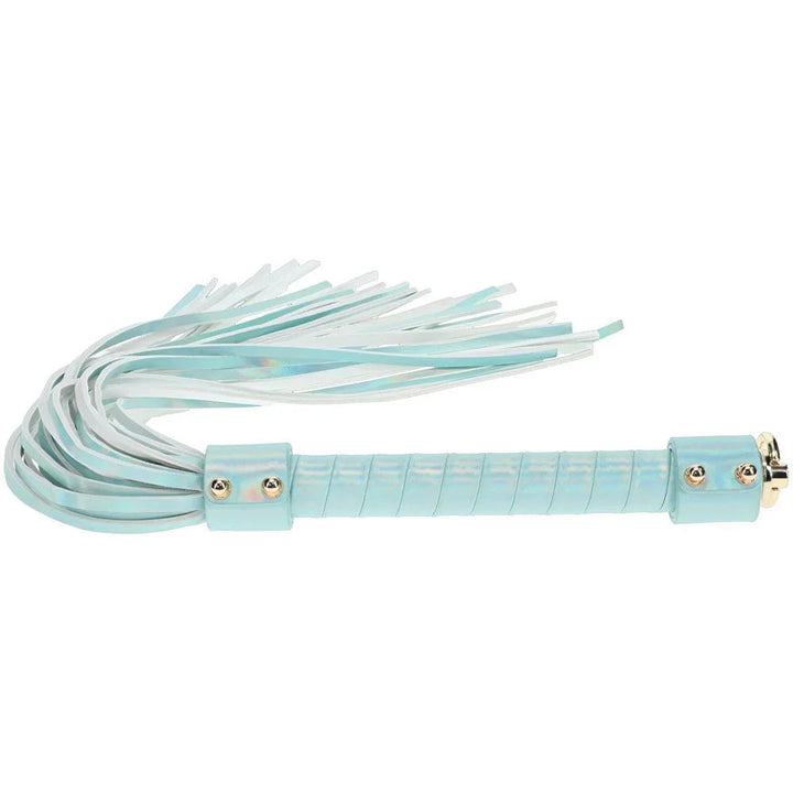 OUCH! Paris Flogger Whip in Baby Blue, iridescent blue flogger laid flat with its falls fanned out