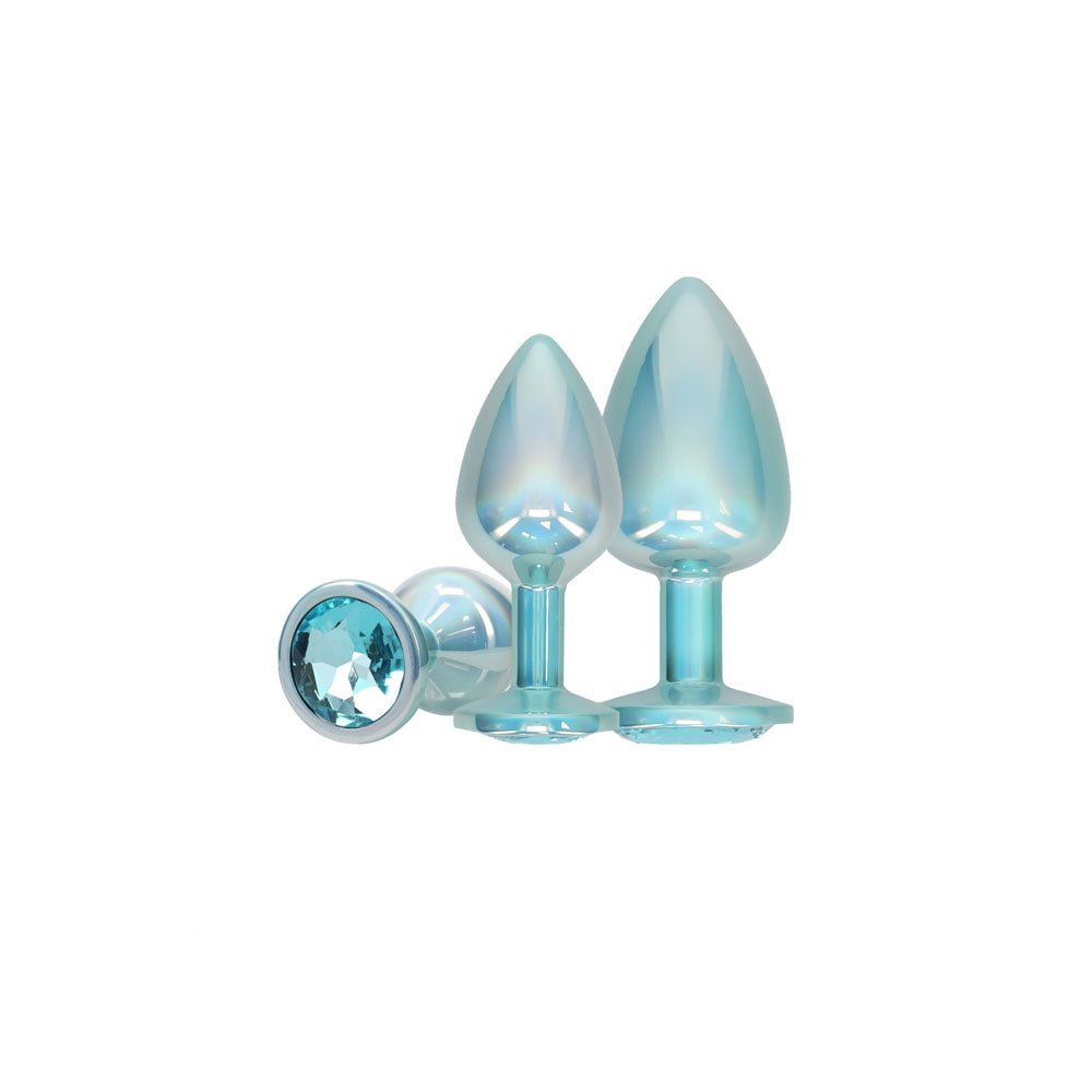 OUCH! Paris Collection - Metal Anal Plug Set - Blue - Metallic Blue Butt Plugs with Gem Bases - Set of 3 Sizes – Sex toys NZ by Naughtyhut. Discreet delivery nationwide.