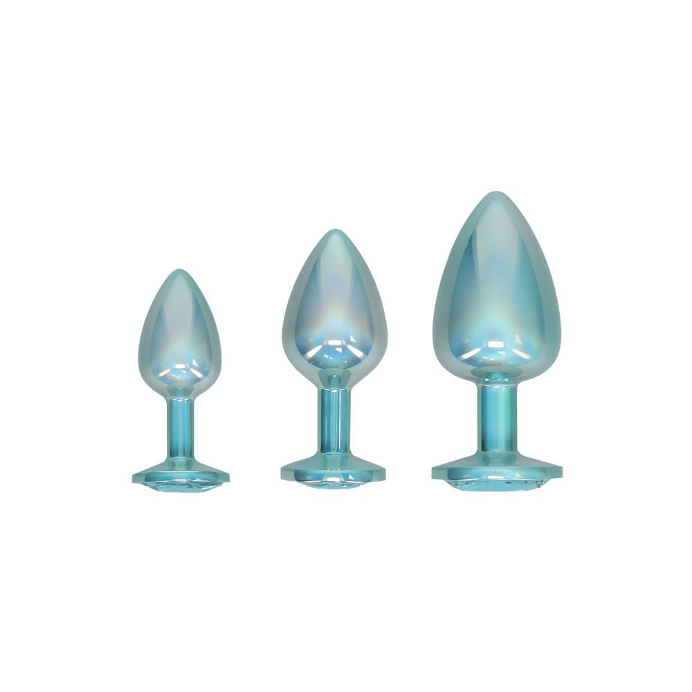 Buy OUCH! Paris Collection - Metal Anal Plug Set - Blue - Metallic Blue Butt Plugs with Gem Bases - Set of 3 Sizes – Naughtyhut NZ sex toys online. Discreet delivery & top brands.