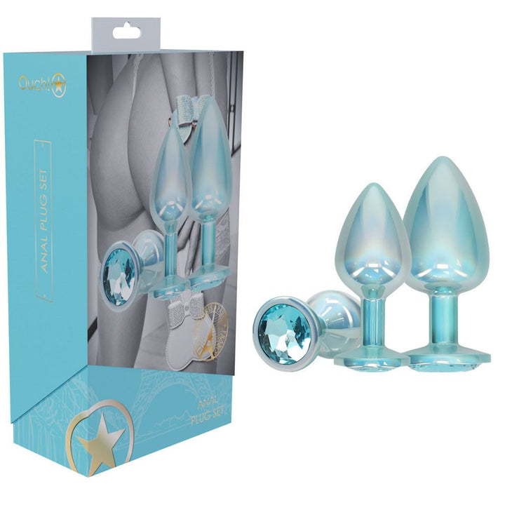 OUCH! Paris Collection - Metal Anal Plug Set - Blue - Metallic Blue Butt Plugs with Gem Bases - Set of 3 Sizes – Sex toys NZ by Naughtyhut. Discreet delivery nationwide.